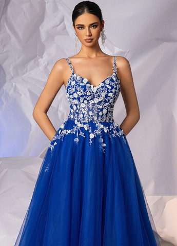 Синее вечернее платье с корсетом SHEIN с цветочным принтом