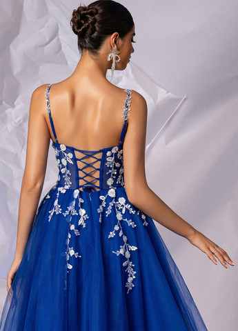 Синее вечернее платье с корсетом SHEIN с цветочным принтом