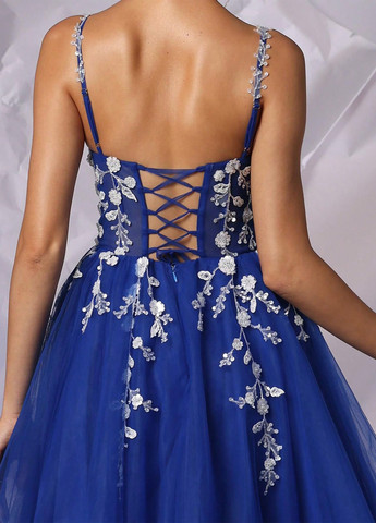 Синее вечернее платье с корсетом SHEIN с цветочным принтом