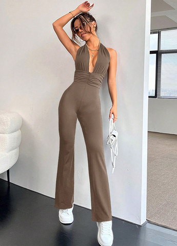 Комбинезон SHEIN комбинезон-брюки однотонный темно-бежевый кэжуал полиэстер