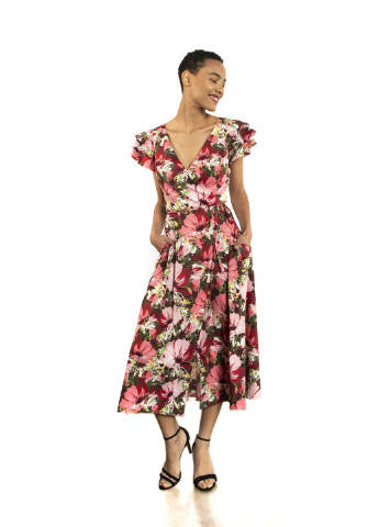 Комбинированное повседневный летнее платье анхела клеш, с пышной юбкой, на запах BYURSE с цветочным принтом