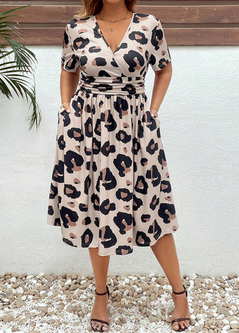 Комбинированное кэжуал платье клеш, а-силуэт SHEIN леопардовый