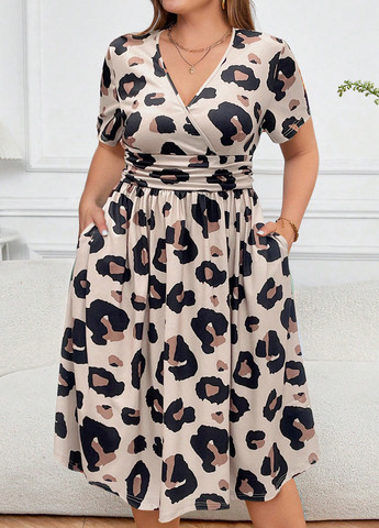 Комбинированное кэжуал платье клеш, а-силуэт SHEIN леопардовый