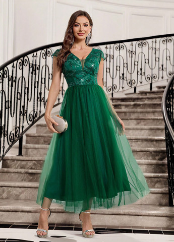 Смарагдова вечірня сукня з спідницею-сонце, в стилі армпір SHEIN однотонна