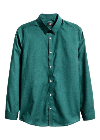 Темно-зеленая классическая рубашка однотонная H&M с длинным рукавом