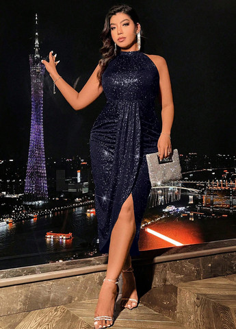 Темно-синя вечірня сукня силуетна SHEIN з візерунком "перець з сіллю"