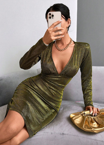 Золотистое кэжуал платье силуэтная, в стиле ампир SHEIN однотонное