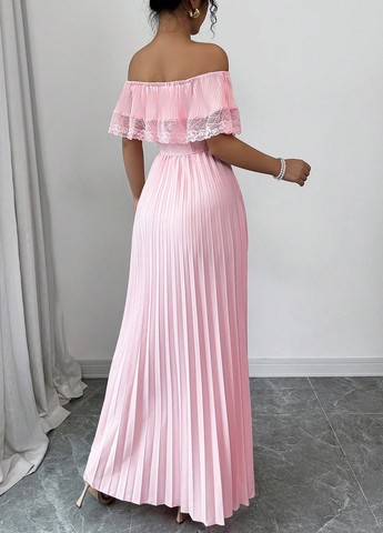 Світло-рожева святковий, вечірня сукня кльош, з відкритими плечима, плісована, з відкритою спиною SHEIN однотонна