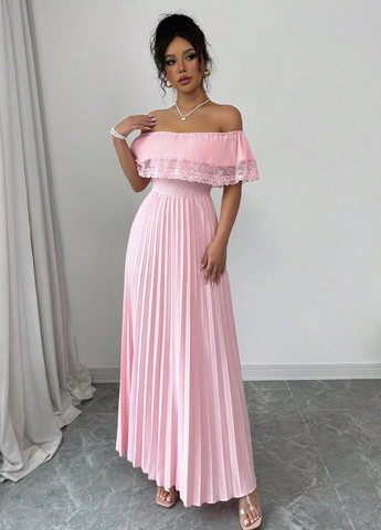 Світло-рожева святковий, вечірня сукня кльош, з відкритими плечима, плісована, з відкритою спиною SHEIN однотонна