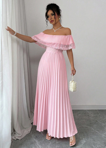 Світло-рожева святковий, вечірня сукня кльош, з відкритими плечима, плісована, з відкритою спиною SHEIN однотонна