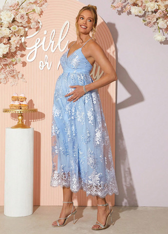 Світло-блакитна кежуал сукня для вагітних з відкритими плечима SHEIN однотонна