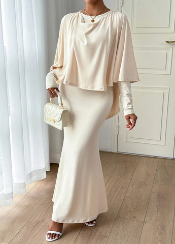 Молочний демісезонний комплект (сукня, накидка) SHEIN