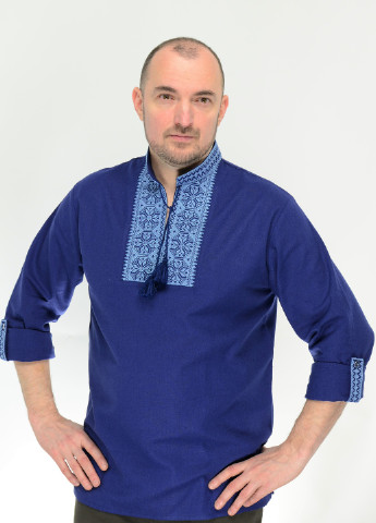 Синяя мужская вышиванка из льна модерн (синий) Golfstream узор украинская символика свободная лен (255772354)
