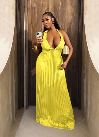 Желтое вечернее платье плиссированное, с открытой спиной SHEIN однотонное