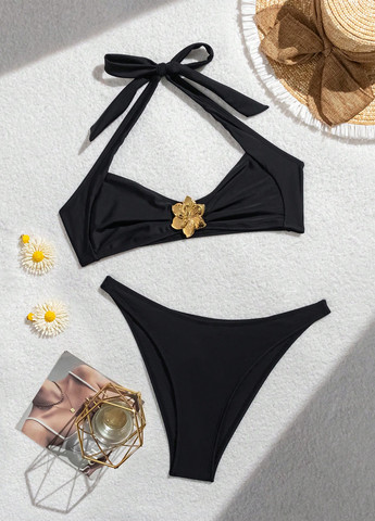 Чорний літній купальник (ліф, трусики) халтер, роздільний SHEIN