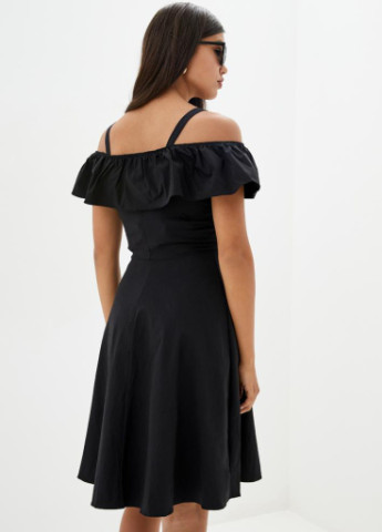 Черное кэжуал воздушное женское платье с асимметричной баской на плечах royal черный Podium однотонное