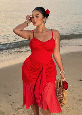 Красное кэжуал платье силуэтная, годе SHEIN однотонное