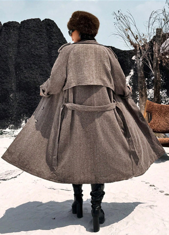 Светло-коричневое зимнее Пальто двубортное SHEIN