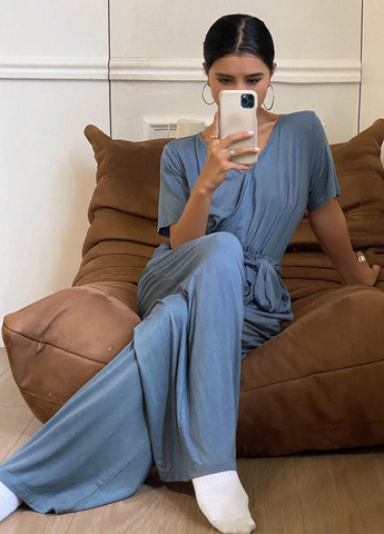 Комбинезон SHEIN комбинезон-брюки однотонный серо-голубой домашний трикотаж, вискоза