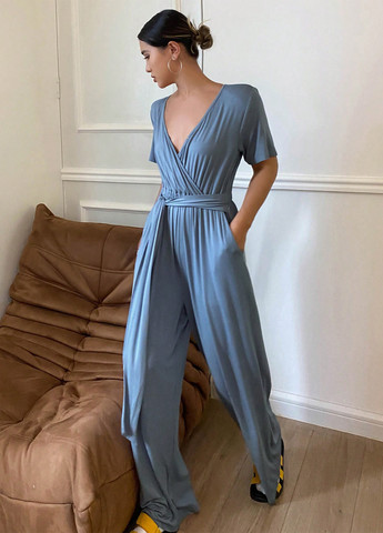 Комбинезон SHEIN комбинезон-брюки однотонный серо-голубой домашний трикотаж, вискоза