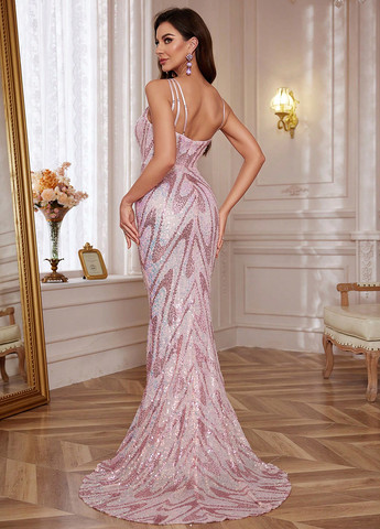 Розовое праздничный, вечернее платье годе, а-силуэт, с открытой спиной SHEIN с абстрактным узором