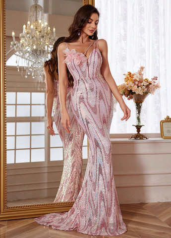 Розовое праздничный, вечернее платье годе, а-силуэт, с открытой спиной SHEIN с абстрактным узором