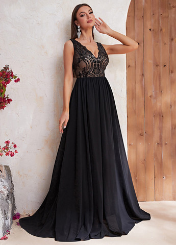 Чорна святковий, вечірня сукня зі шлейфом, а-силует SHEIN однотонна