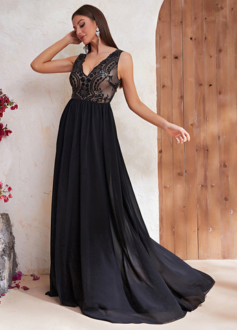 Чорна святковий, вечірня сукня зі шлейфом, а-силует SHEIN однотонна