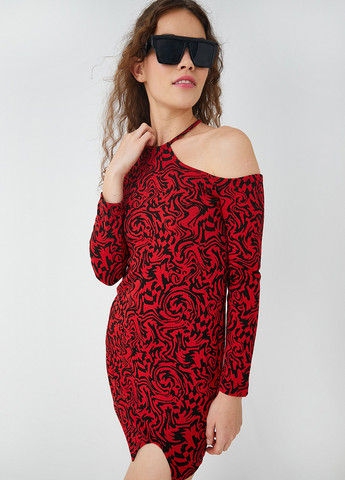 Красное кэжуал платье с открытыми плечами, на одно плечо KOTON с абстрактным узором