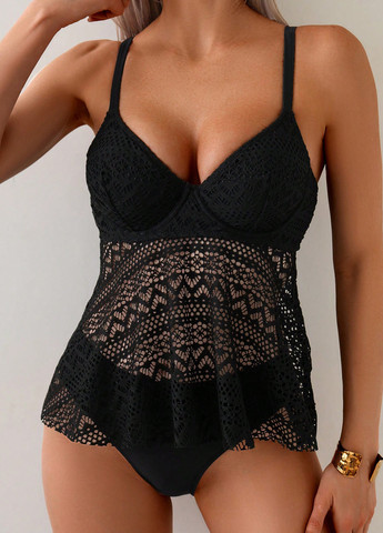 Черный летний купальник (топ, трусики) танкини, раздельный SHEIN