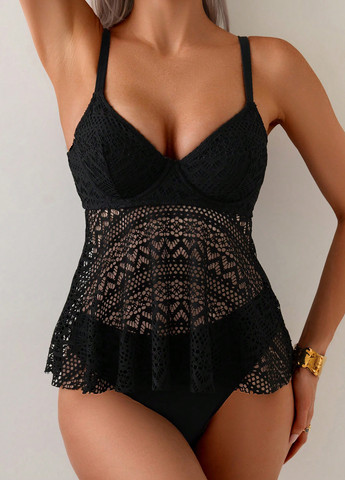 Черный летний купальник (топ, трусики) танкини, раздельный SHEIN