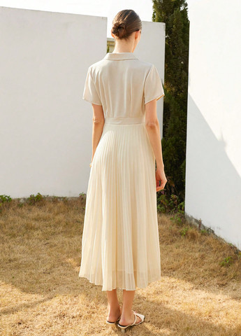 Кремова святковий, кежуал, ділова сукня сукня-сорочка, плісована SHEIN однотонна