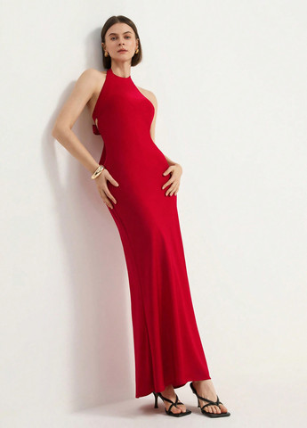 Червона святковий, вечірня сукня силуетна, з відкритою спиною SHEIN однотонна