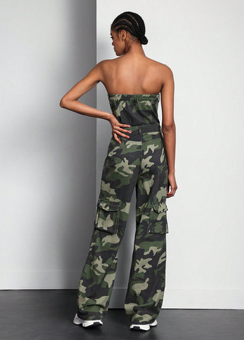 Комбінезон SHEIN комбінезон-брюки камуфляжний хакі джинсовий, кежуал бавовна, джинс