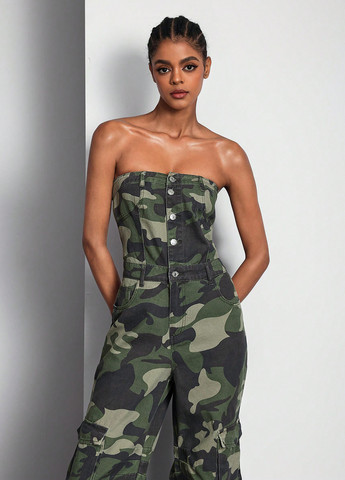 Комбінезон SHEIN комбінезон-брюки камуфляжний хакі джинсовий, кежуал бавовна, джинс