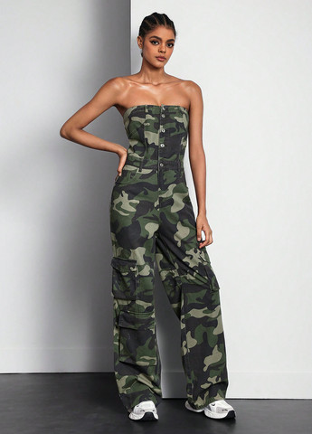 Комбінезон SHEIN комбінезон-брюки камуфляжний хакі джинсовий, кежуал бавовна, джинс