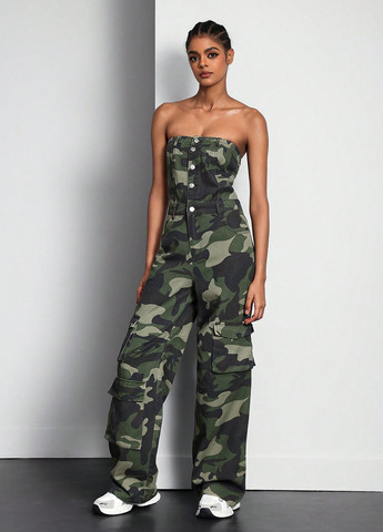 Комбінезон SHEIN комбінезон-брюки камуфляжний хакі джинсовий, кежуал бавовна, джинс