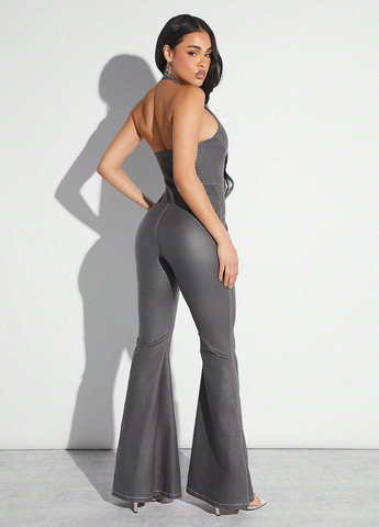 Комбінезон SHEIN комбінезон-брюки однотонний сірий кежуал поліуретан, поліестер