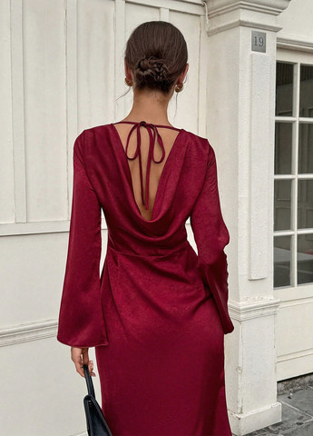 Бордовое вечернее, кэжуал платье с открытой спиной SHEIN однотонное