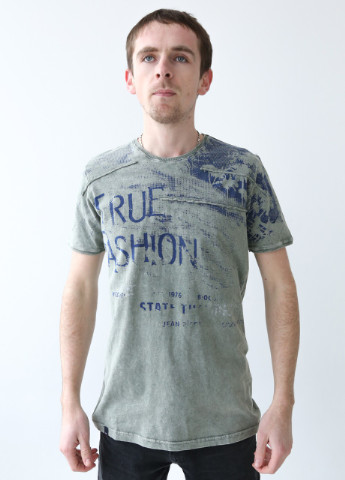 Хаки (оливковая) футболка мужская хаки вареная с принтом Jean Piere