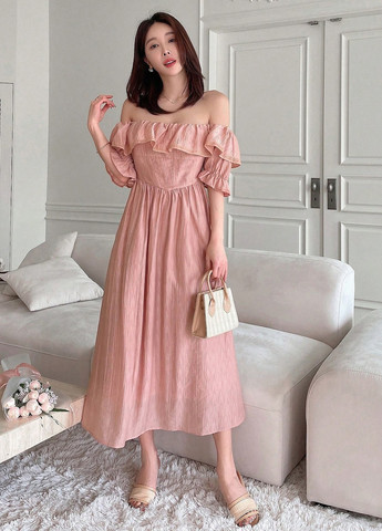 Світло-рожева кежуал, коктейльна сукня з відкритими плечима, кльош SHEIN однотонна