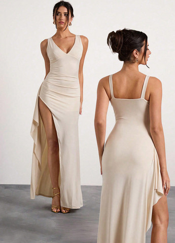 Бежевое коктейльное, кэжуал платье SHEIN однотонное