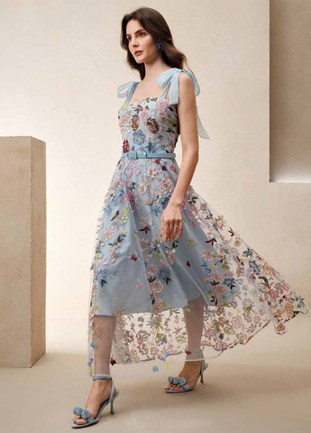 Світло-блакитна вечірня сукня з спідницею-сонце, з відкритою спиною SHEIN з квітковим принтом