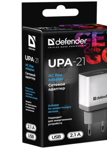 Зарядний пристрій UPA-21 white, 1xUSB, 5V / 2.1A (83571) Defender (216637174)