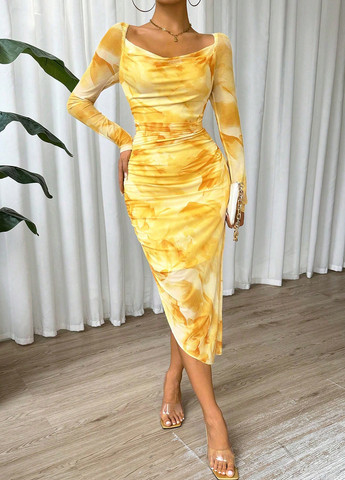 Жовтий кежуал, коктейльна, ділова сукня силуетна, з відкритими плечима SHEIN тай-дай