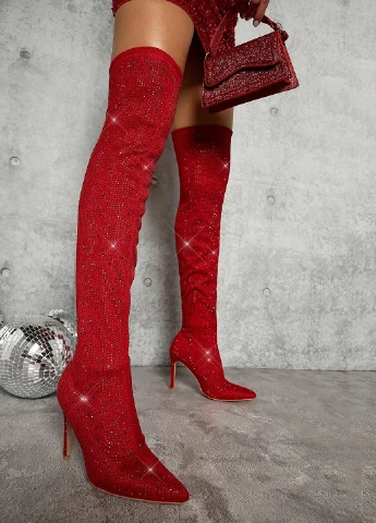 Красные осенние ботфорты SHEIN со стразами