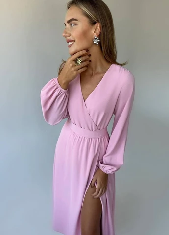 Розовое вечернее, кэжуал платье на запах No Brand однотонное