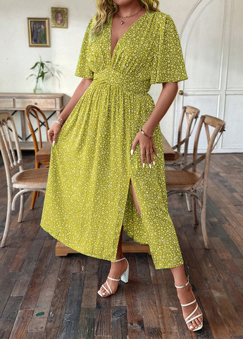 Лайм кэжуал платье в стиле ампир SHEIN с цветочным принтом