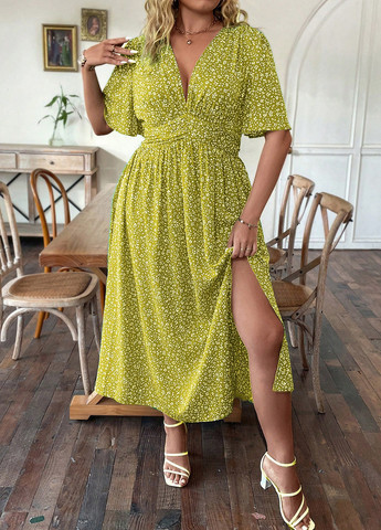 Лайм кэжуал платье в стиле ампир SHEIN с цветочным принтом