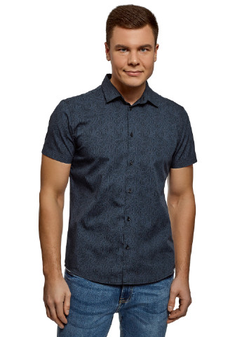 Темно-синяя кэжуал рубашка с абстрактным узором Oodji с коротким рукавом